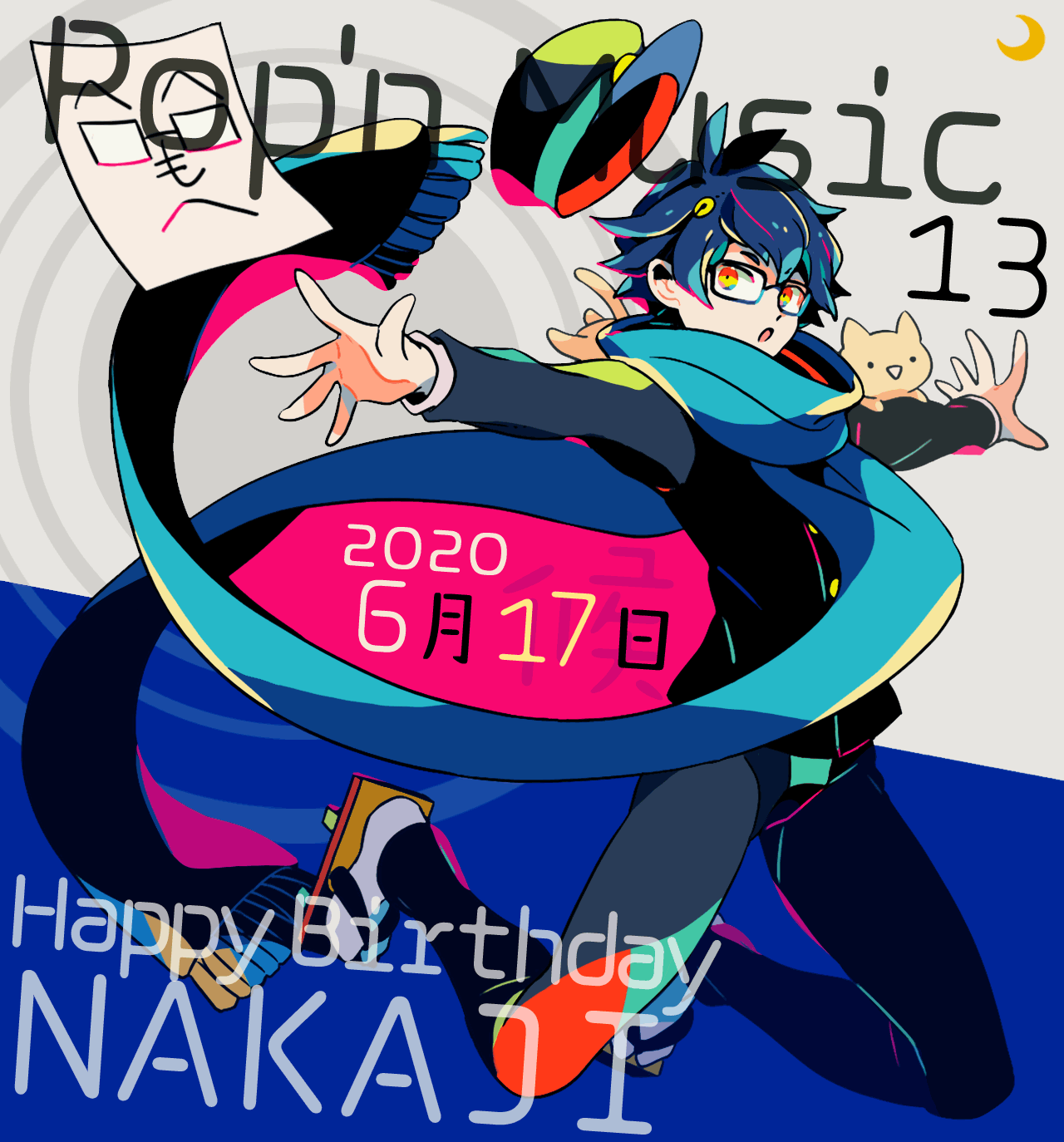 mizuki tsukimori, bemani, pop'n music, highres, translation request, 1boy, black pants, blue hair, blue scarf, cat, character name, copyright name, dated, full body, gakuran, happy birthday, hat, long scarf, male focus, nakaji (pop'n music), orange eyes, outstretched arms, pants, paper, peaked cap, sandals, scarf, school uniform, short hair, socks, solo, spread arms, two-tone background, white socks