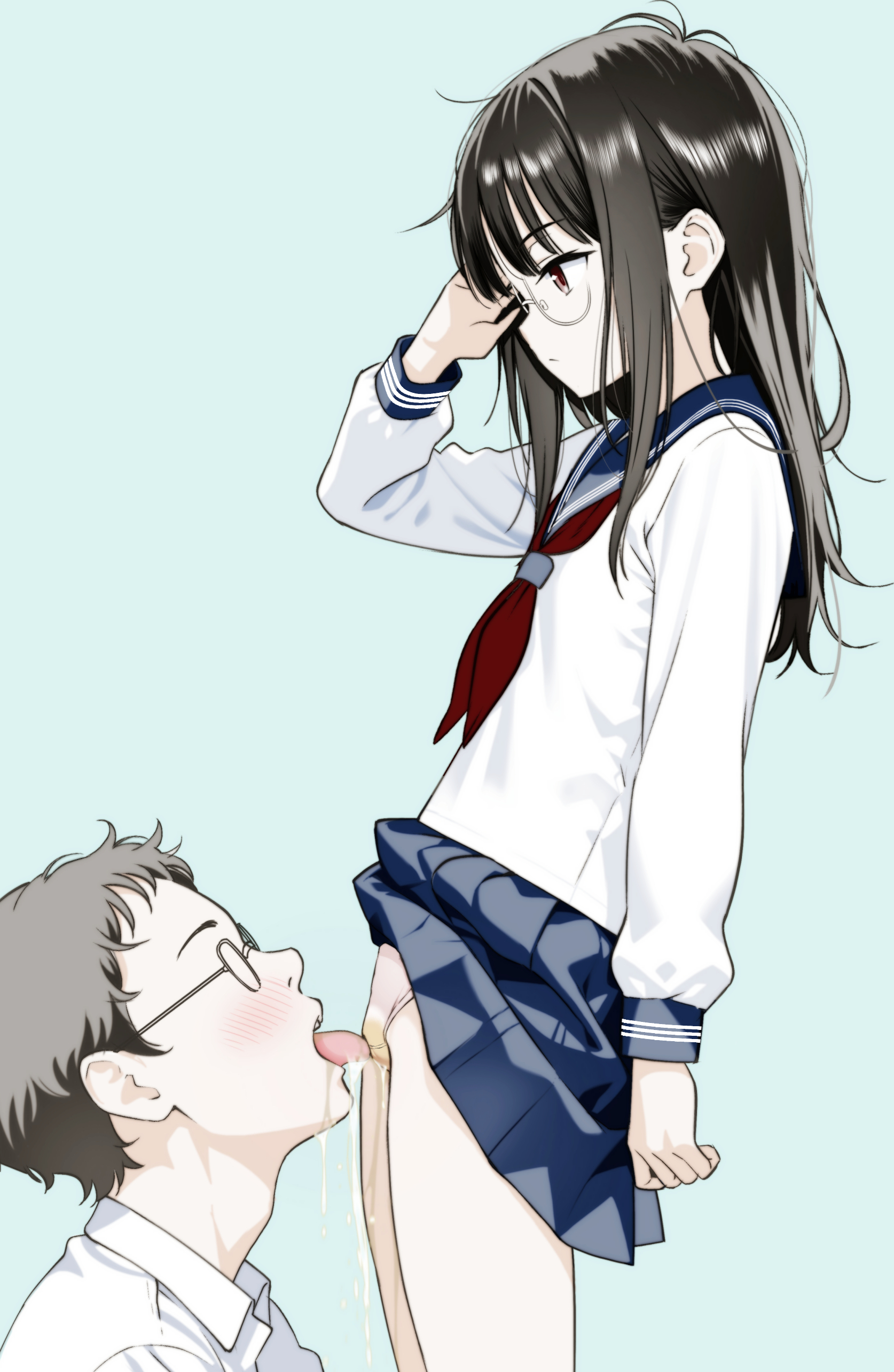 moonsorrow, original, absurdres, commentary request, highres, 1boy, 1girl, black hair, blue background, blue skirt, blush, brown hair, closed mouth, clothes lift, collared shirt, cunnilingus, cunnilingus through clothes, drinking pee, expressionless, flat chest, glasses, hetero, licking, long hair, long sleeves, neckerchief, open mouth, oral, panties, peeing, peeing self, pleated skirt, red neckerchief, school uniform, serafuku, shirt, sidelocks, simple background, skirt, skirt lift, stained panties, tongue, tongue out, underwear, white shirt