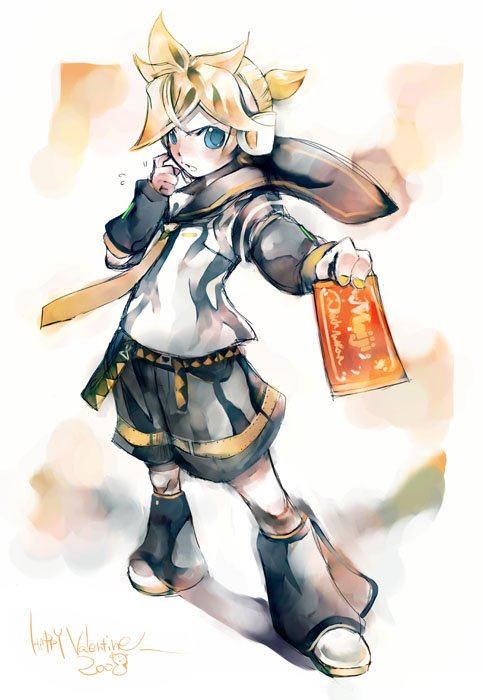 kei (keigarou), kagamine len, vocaloid, 1boy, full body, happy valentine, hongbao, male focus, necktie, ponytail, solo, tsundere, valentine, yellow necktie