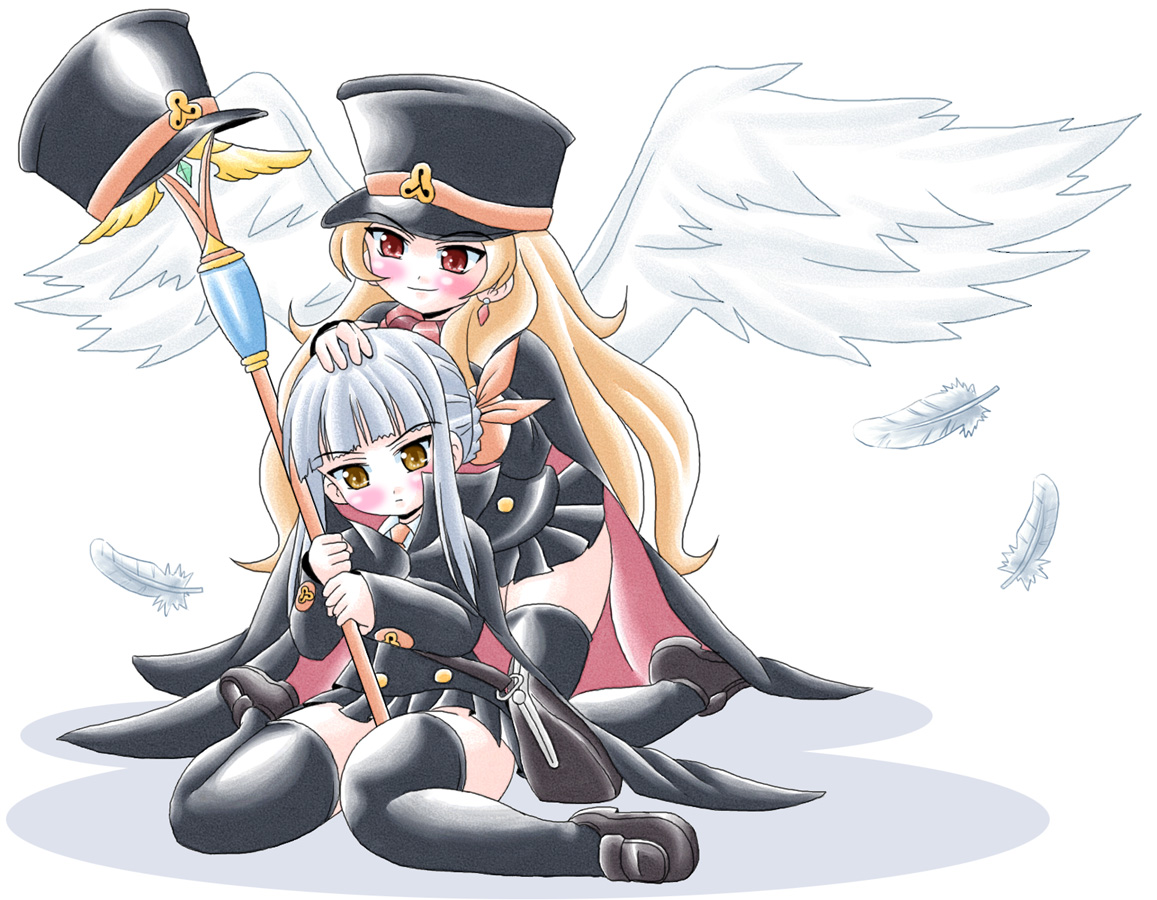 imai kazunari, chiaki (shigofumi), fumika, kanaka, shigofumi, 00s, 2girls, bag, blush, cape, earrings, feathers, hat, jewelry, long hair, multiple girls, satchel, shako cap, thighhighs, unworn hat, unworn headwear, wings