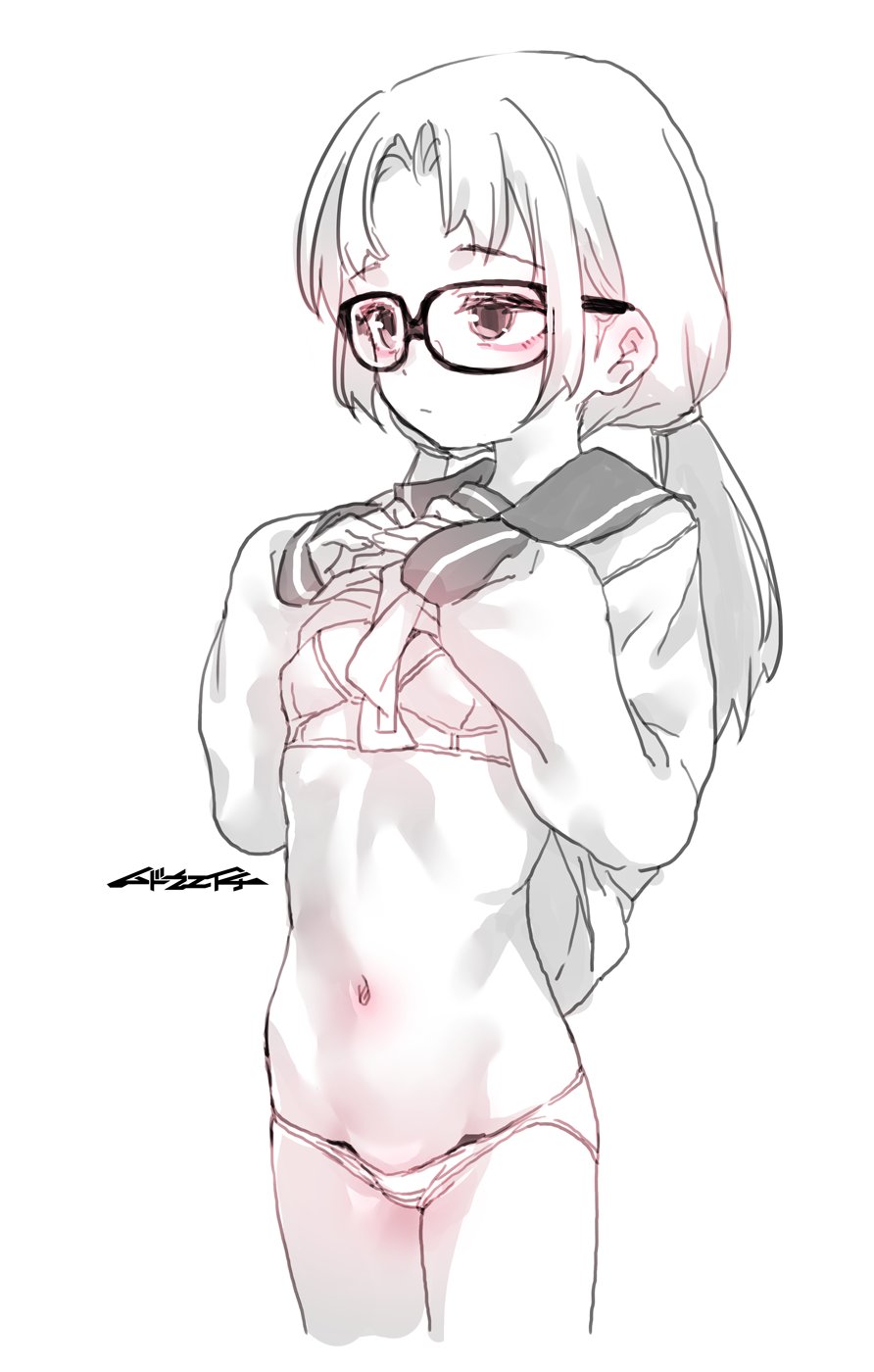 mudou eichi, original, highres, 1girl, bra, breasts, glasses, hands up, low twintails, navel, own hands together, panties, small breasts, solo, twintails, underwear