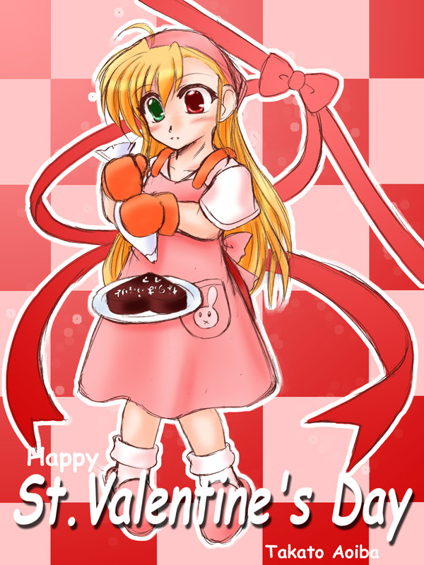 aoiba takato, vivio, lyrical nanoha, mahou shoujo lyrical nanoha, mahou shoujo lyrical nanoha strikers, 00s, 1girl, ahoge, artist name, blonde hair, candy, chocolate, chocolate heart, english text, female focus, food, green eyes, happy valentine, heart, heterochromia, long hair, oven mitts, pastry bag, pigeon-toed, plate, rabbit, red eyes, solo, valentine