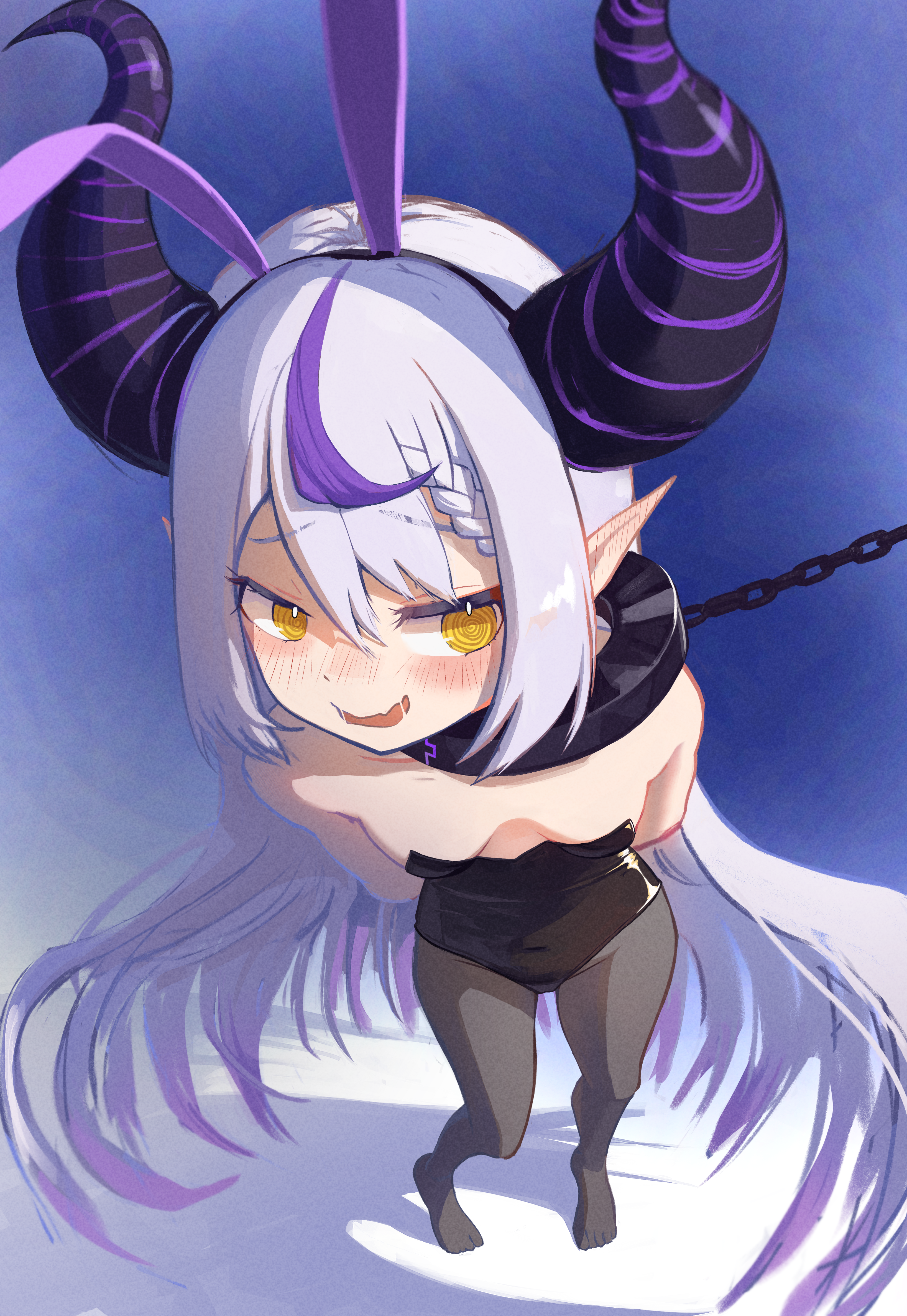 besi (besidoesart), la+ darknesss, hololive, absurdres, highres, alternate costume, animal ears, black collar, black leotard, black pantyhose, breasts, chain, chain leash, collar, demon girl, demon horns, fake animal ears, horns, leash, leotard, long hair, looking at viewer, multicolored hair, open mouth, pantyhose, playboy bunny, purple hair, rabbit ears, sidelocks, small breasts, smile, solo, strapless, strapless leotard, streaked hair, very long hair, virtual youtuber, white hair, yellow eyes
