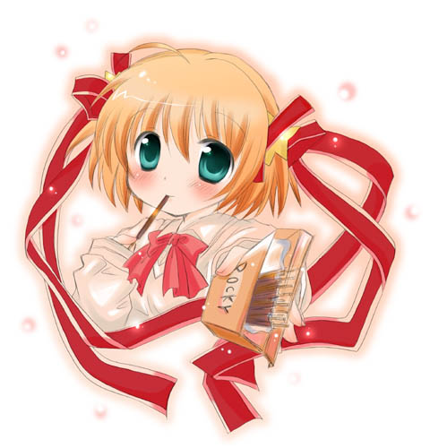 kamikita komari, little busters!, lowres, 1girl, bow, female focus, food, pink bow, pocky, solo