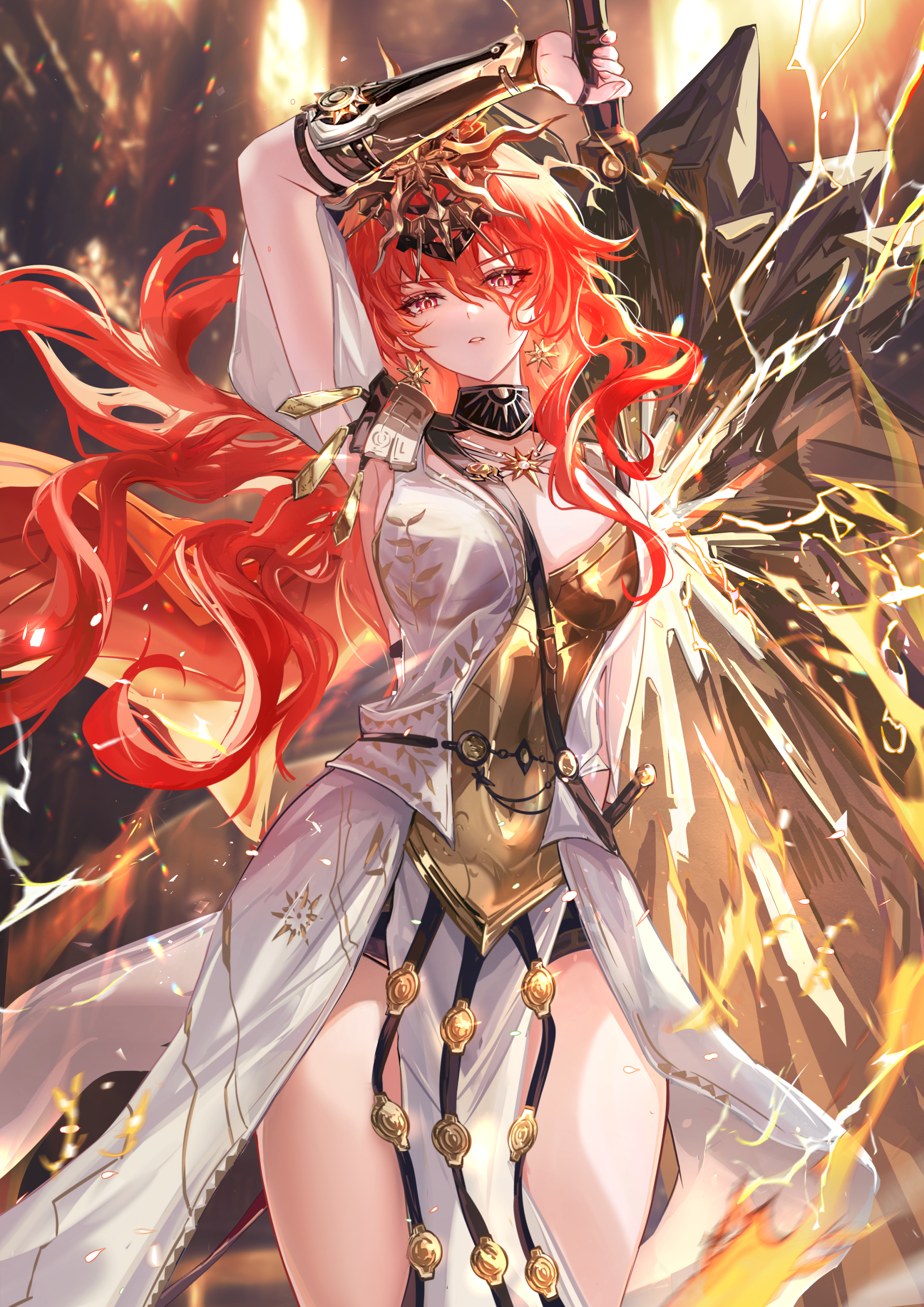 vardan, augusta (wuthering waves), wuthering waves, absurdres, commentary, highres, 1girl, ancient greek clothes, arm armor, arm up, armor, bare legs, black collar, breastplate, breasts, collar, colored inner hair, covered navel, dress, earrings, electricity, feet out of frame, fire, greatsword, greco-roman clothes, hair between eyes, headgear, holding, holding sword, holding weapon, jewelry, legs, long hair, looking at viewer, medium breasts, multicolored hair, orange hair, parted lips, red eyes, solo, sun earrings, sun necklace, sword, thighs, weapon, white dress