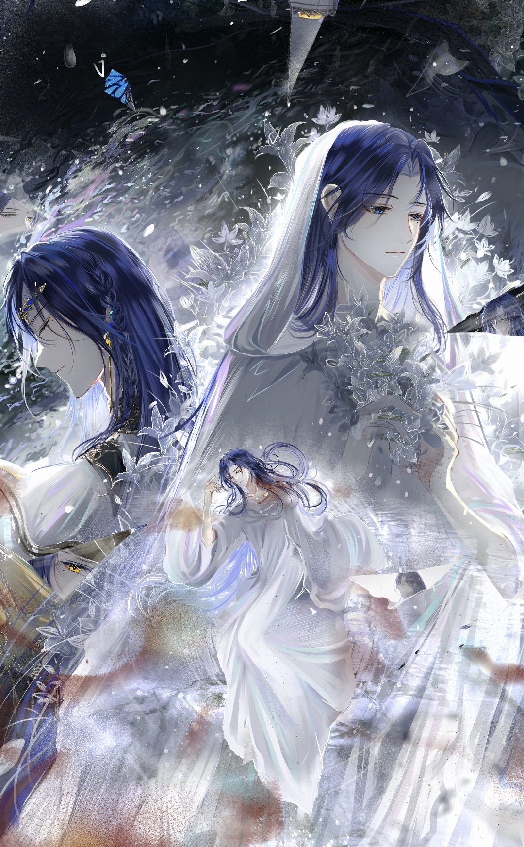 wo shi baitao zong, clarence clayden, clarence clayden (infinite empire), lovebrush chronicles, chinese commentary, highres, 1boy, black background, blood, blood on clothes, blue eyes, blue hair, braid, circlet, closed eyes, closed mouth, curtained hair, disembodied eye, earrings, expressionless, floral background, flower, full body, glass shards, hand up, holding, holding flower, hood, hood up, hooded robe, jewelry, long hair, long sleeves, looking ahead, male focus, mole, mole under eye, multiple views, parted bangs, robe, side braid, upper body, water, white flower, white hood, white robe, yellow eyes