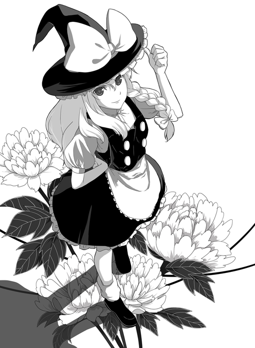 b-ginga, kirisame marisa, touhou, 1girl, braid, female focus, greyscale, monochrome, solo, symbol-shaped pupils