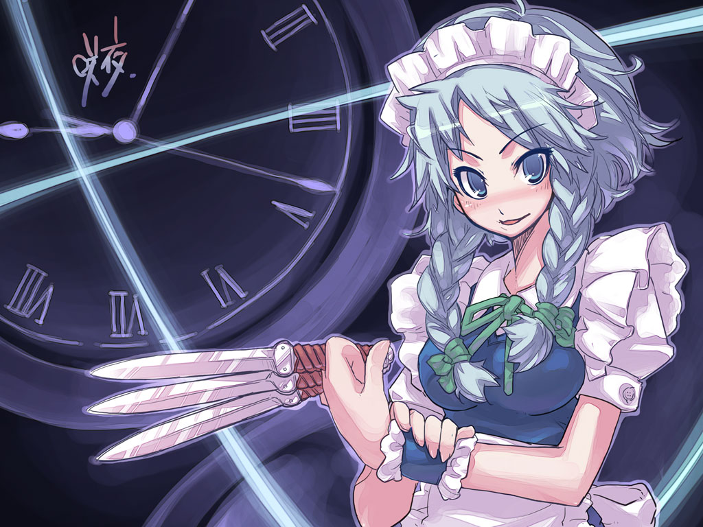 super zombie, suupaa zonbi, izayoi sakuya, touhou, translation request, 1girl, between fingers, blue eyes, blue hair, braid, clock, female focus, holding, knife, maid, matching hair/eyes, solo, throwing knife, twin braids, weapon
