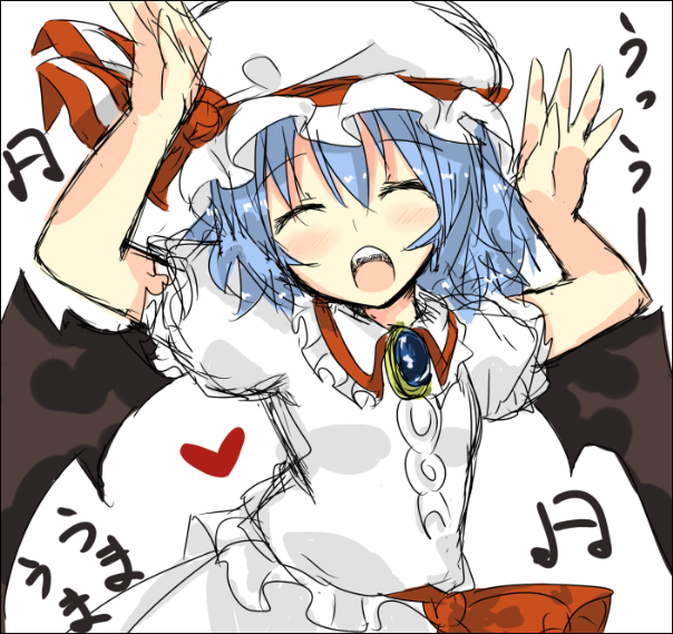 shingetsu takehito, remilia scarlet, touhou, 1girl, bat wings, blue eyes, blush, caramelldansen, closed eyes, female focus, hat, short hair, sketch, solo, white hat, wings