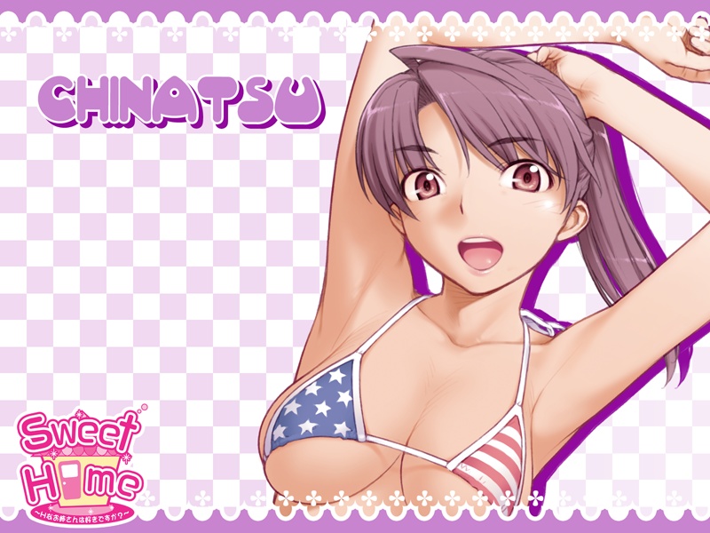 kiriyama taichi, furuhashi chinatsu, sweet home, game cg, 1girl, american flag, american flag bikini, american flag print, armpits, arms up, bikini, bikini top only, breasts, brown eyes, checkered background, cleavage, collarbone, female focus, flag print, flag print bikini, open mouth, pink hair, print bikini, purple hair, solo, swimsuit, underboob, united states