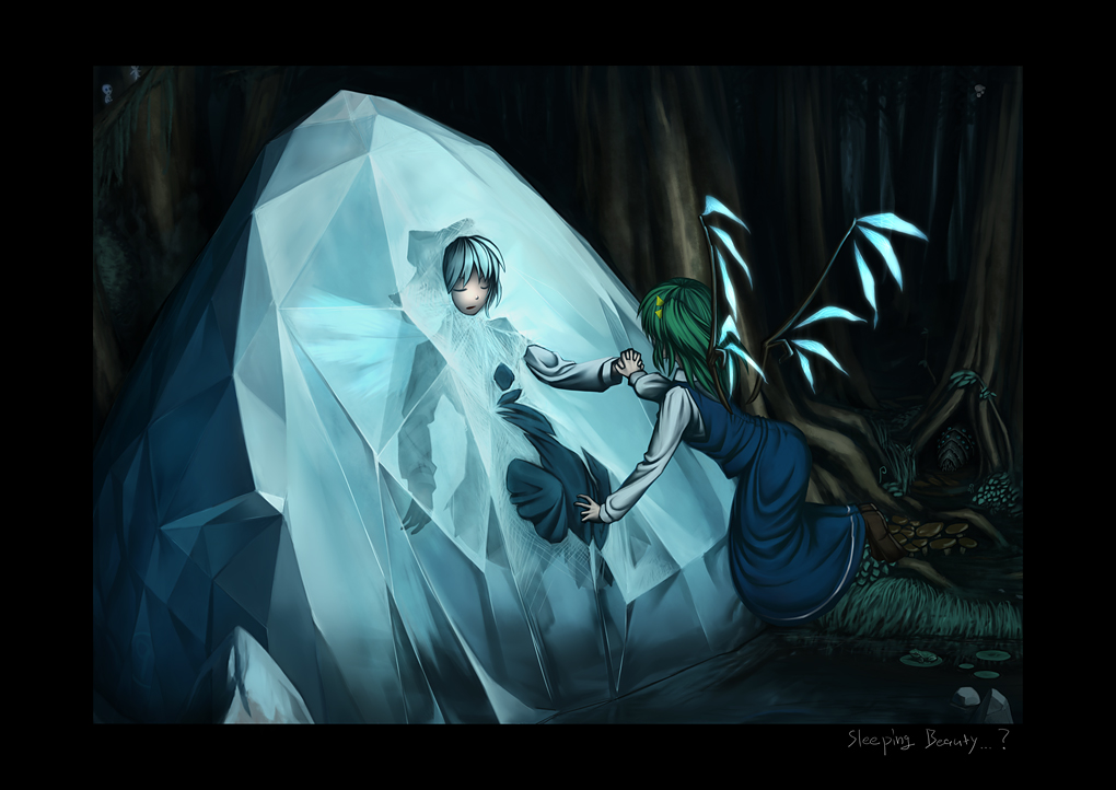 lain, cirno, daiyousei, kodama, ohmu, embodiment of scarlet devil, kaze no tani no nausicaa, mononoke hime, sleeping beauty (disney), sleeping beauty (fairy tale), touhou, 2girls, blue hair, crystal, female focus, forest, frog, frozen, green hair, holding hands, ice, lake, multiple girls, nature, scenery, sleeping, tree, wings