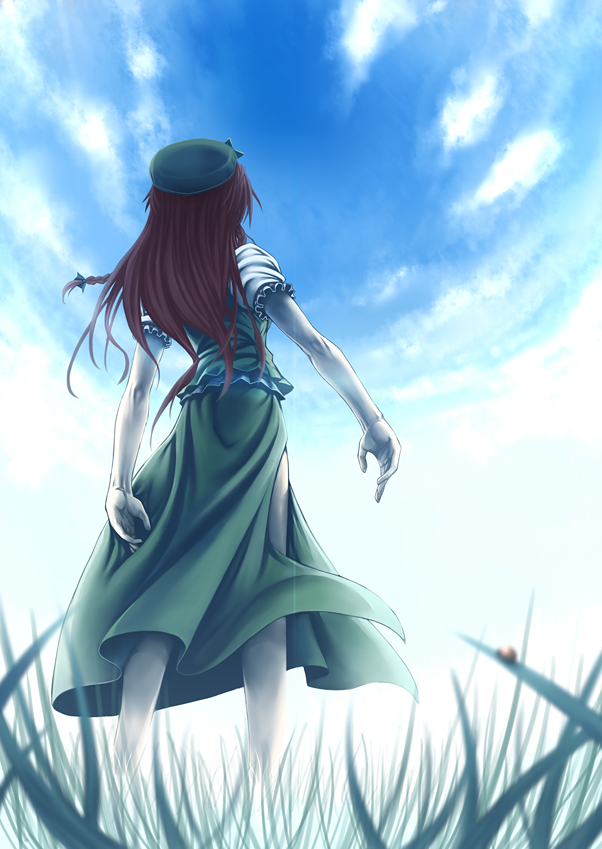lain, hong meiling, embodiment of scarlet devil, touhou, 1girl, blurry, bug, day, depth of field, female focus, from behind, hat, insect, ladybug, long hair, red hair, side slit, sky, solo, standing