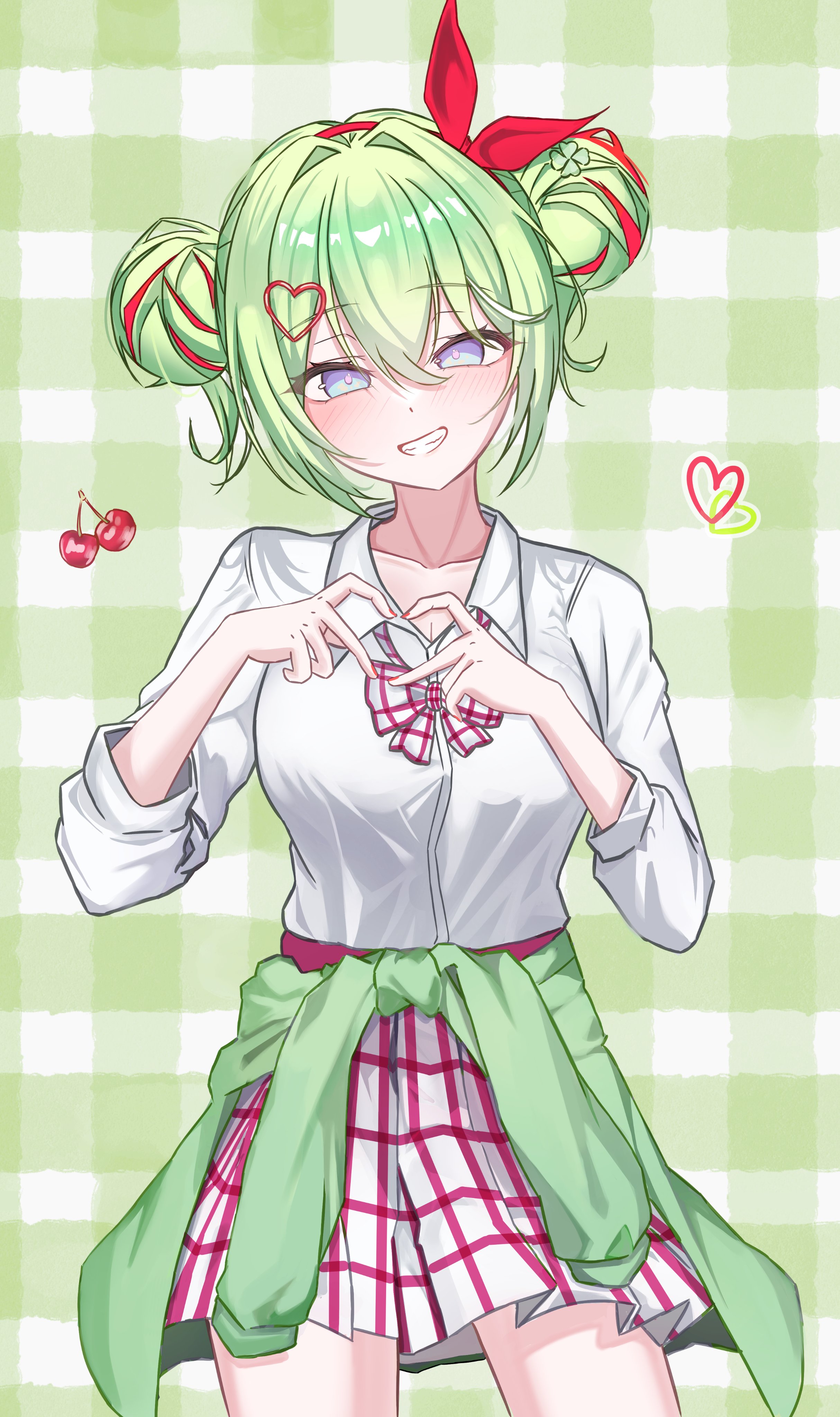 yuzuha riko, stellive, absurdres, commentary request, highres, 1girl, blush, bow, bow hairband, bowtie, breasts, cherry, clothes around waist, clover hair ornament, collarbone, collared shirt, dot nose, double-parted bangs, double bun, food, four-leaf clover hair ornament, fruit, green background, green eyes, green sweater, grin, hair between eyes, hair bun, hair ornament, hairband, hands up, heart, heart hair ornament, heart hands, long bangs, long sleeves, looking at viewer, plaid background, plaid bow, plaid bowtie, plaid clothes, plaid skirt, pleated skirt, purple eyes, red bow, red hairband, shirt, shirt tucked in, skirt, smile, solo, straight-on, sweater, sweater around waist, syuri (syuri 1 0), virtual youtuber, white shirt, wing collar