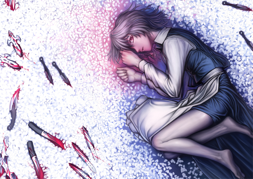 lain, izayoi sakuya, touhou, 1girl, bare legs, barefoot, blood, feet, female focus, from above, knife, kunai, lying, on side, petals, red eyes, solo, throwing knife, weapon
