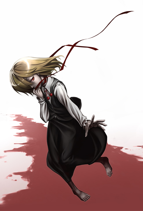 lain, ex-rumia, rumia, embodiment of scarlet devil, touhou, 1girl, barefoot, blonde hair, feet, female focus, full body, red eyes, ribbon, solo, white background