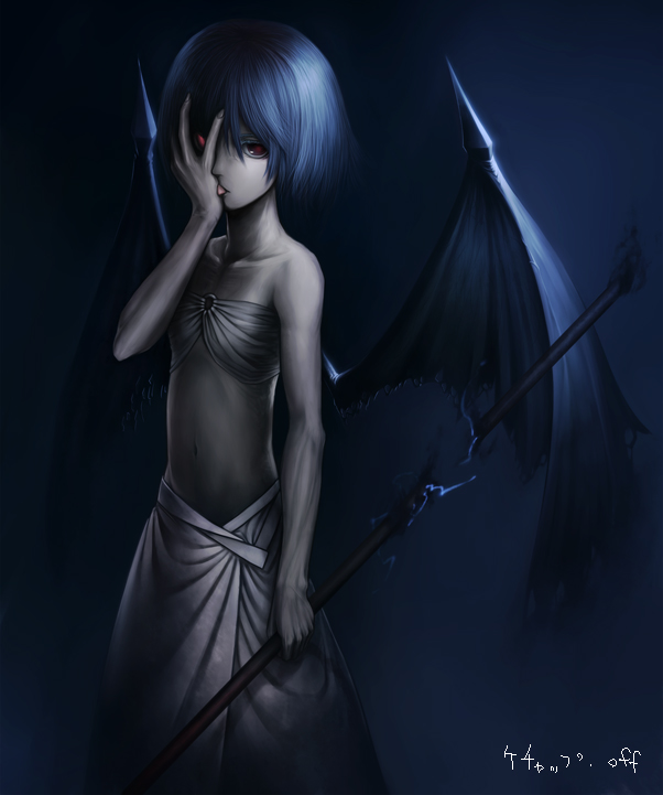 lain, remilia scarlet, touhou, translated, 1girl, female focus, gradient background, polearm, solo, spear, spear the gungnir, weapon