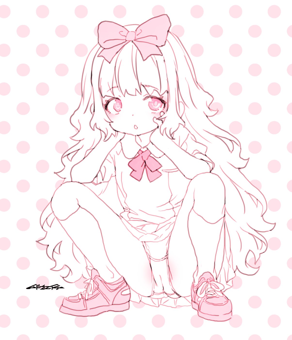 mudou eichi, original, highres, 1girl, bow, curly hair, flat chest, hair bow, hair ornament, hands on own cheeks, hands on own face, long hair, multicolored hair, panties, pantyshot, patterned background, pink eyes, school uniform, serafuku, shoes, sneakers, solo, squatting, streaked hair, underwear