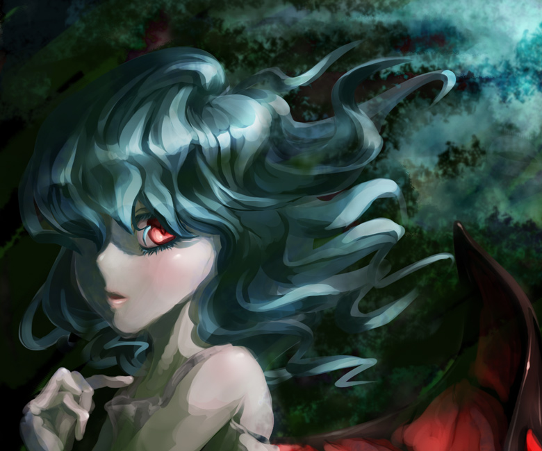 remilia scarlet, touhou, silver hair, 1girl, bare shoulders, bat wings, crazy eyes, curly hair, female focus, light rays, looking at viewer, red eyes, solo, upper body, vampire, wings