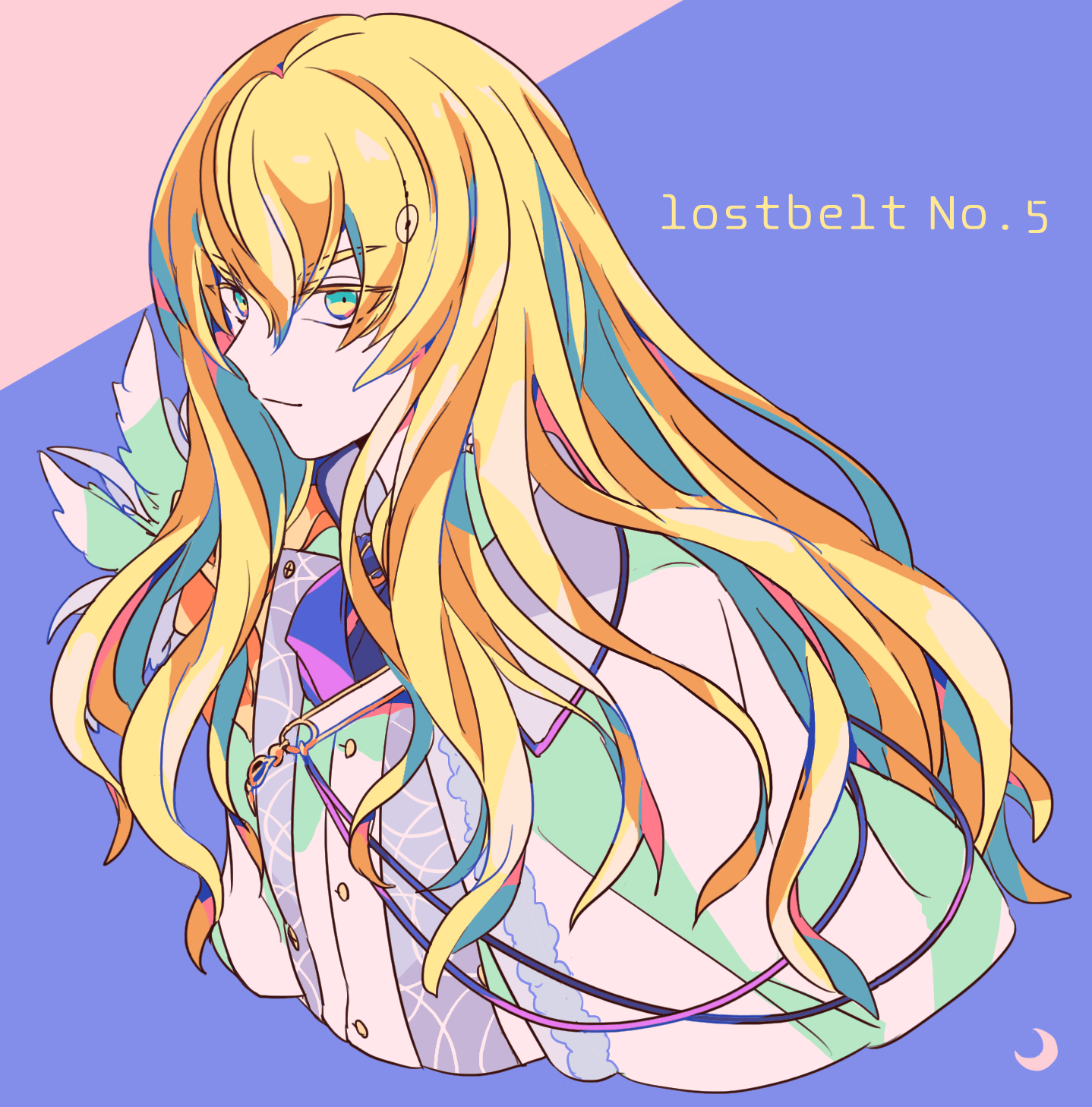 mizuki tsukimori, kirschtaria wodime, fate/grand order, fate (series), highres, 1boy, androgynous, blonde hair, blue background, closed mouth, cropped torso, green eyes, hair between eyes, jacket, long hair, looking at viewer, male focus, shirt, smile, solo, white jacket, white shirt
