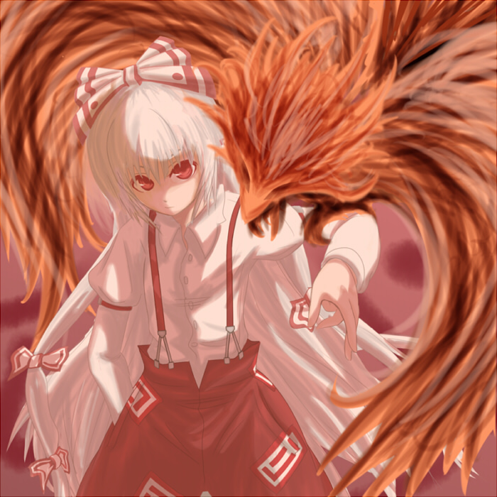fujiwara no mokou, touhou, silver hair, 1girl, bird, female focus, long hair, oekaki, phoenix, red eyes, solo, suspenders, very long hair