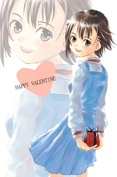 yamamoto shima, isurugi noe, true tears, 00s, 1girl, brown hair, chocolate, female focus, hair ornament, happy valentine, looking back, school uniform, serafuku, shibahime kyou, short hair, solo, valentine