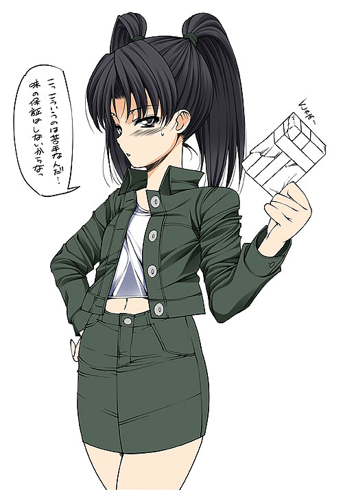 yoshida inuhito, amasawa yuuko, dennou coil, 00s, 1girl, blush, box, brown eyes, buttons, cowboy shot, crop top, cropped jacket, female focus, gift, gift box, green skirt, hair tie, hand on own hip, holding, holding gift, long hair, long sleeves, looking at viewer, navel, shirt, skirt, solo, speech bubble, standing, stomach, sweat, twintails, unbuttoned, valentine, white shirt, wing collar