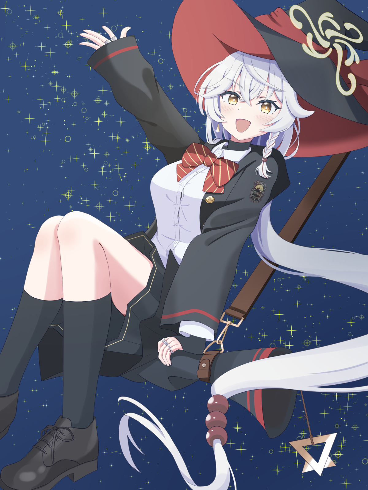eri (blue archive), blue archive, :d, ankle socks, bow, bowtie, braid, earrings, gun, halo, hat, jacket, jewelry, kasumi haruhi, long coat, long hair, night skies, open mouth, orange eyes, riding, ring, shirt, shoes, skirt, sleeves past wrists, smile, socks, sparkle, sweater, weapon, white hair, witch hat