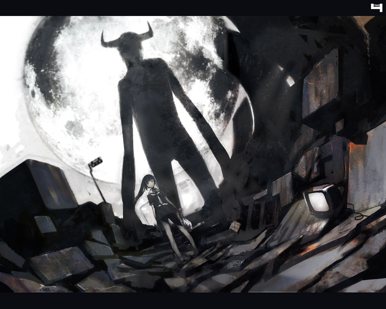 huke, original, 1girl, darkness, full moon, horns, moon, night, school uniform, serafuku, shadow, television
