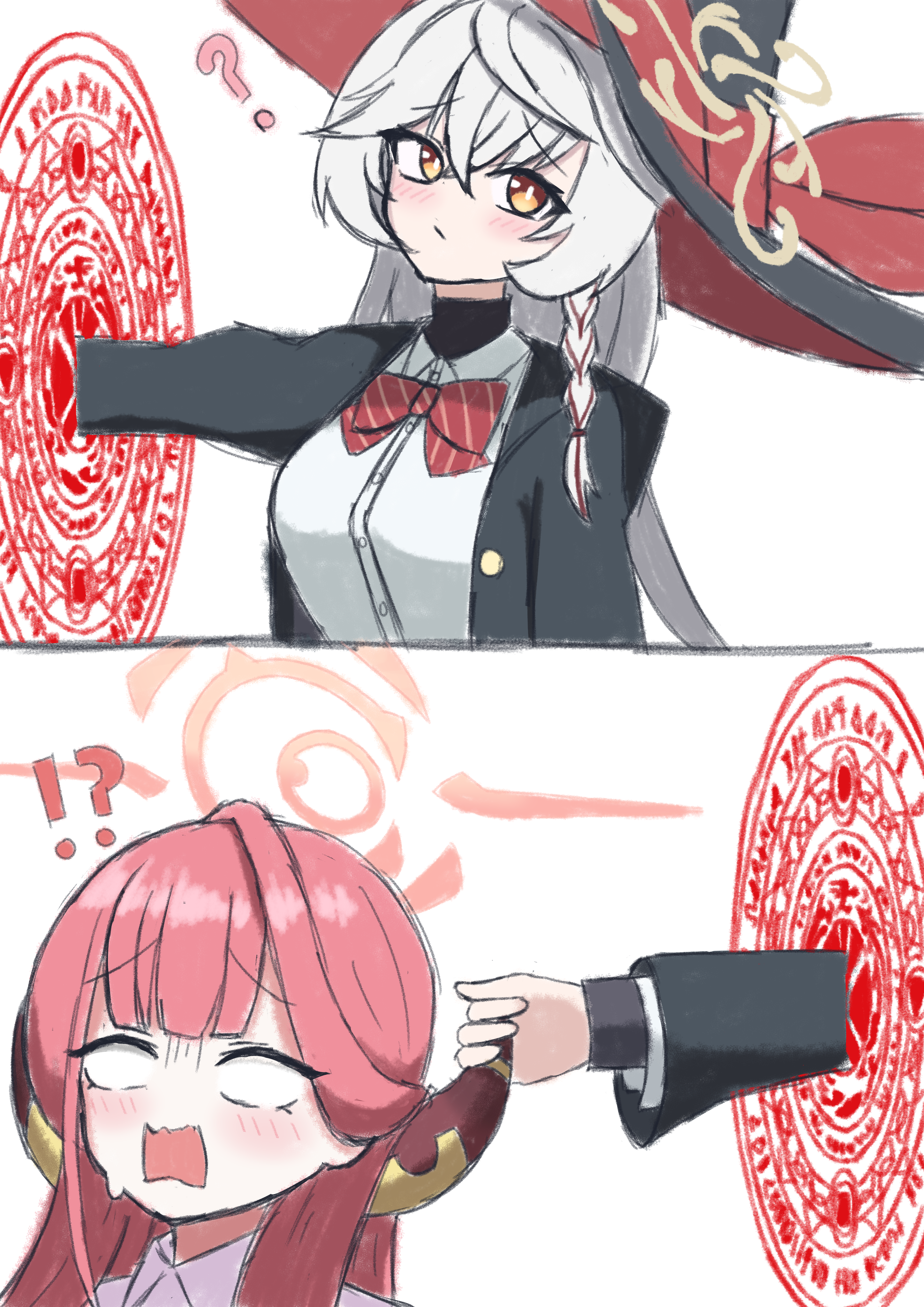 aru (blue archive), eri (blue archive), blue archive, horn, blank eyes, bow, bowtie, braid, halo, hat, horn grab, horns, jacket, long coat, long hair, magic circle, open mouth, orange eyes, red hair, shirt, sketch, sweater, white hair, witch hat