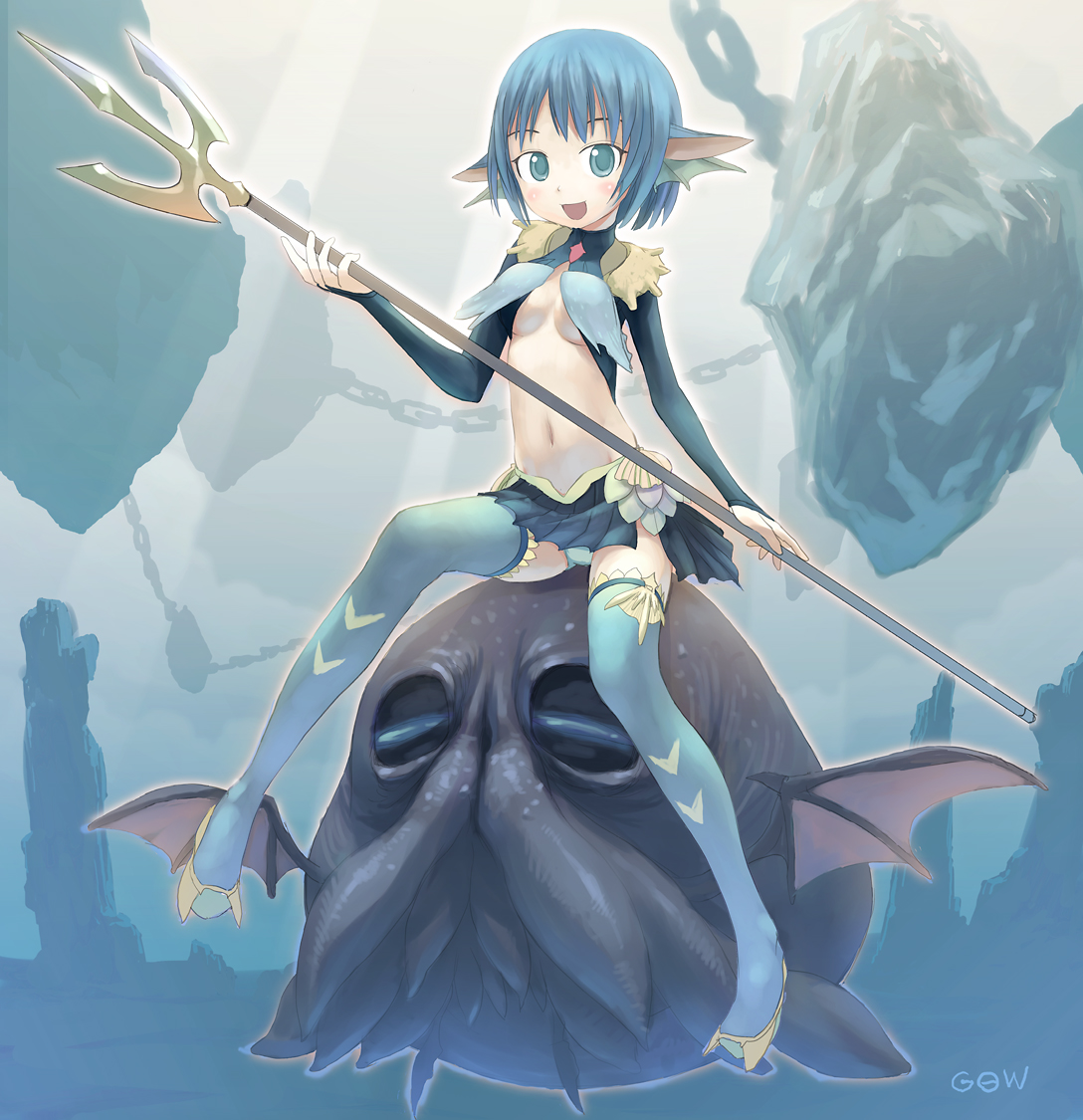 tougetsu gou, tagme, 1girl, fantasy, female focus, midriff, solo, thighhighs