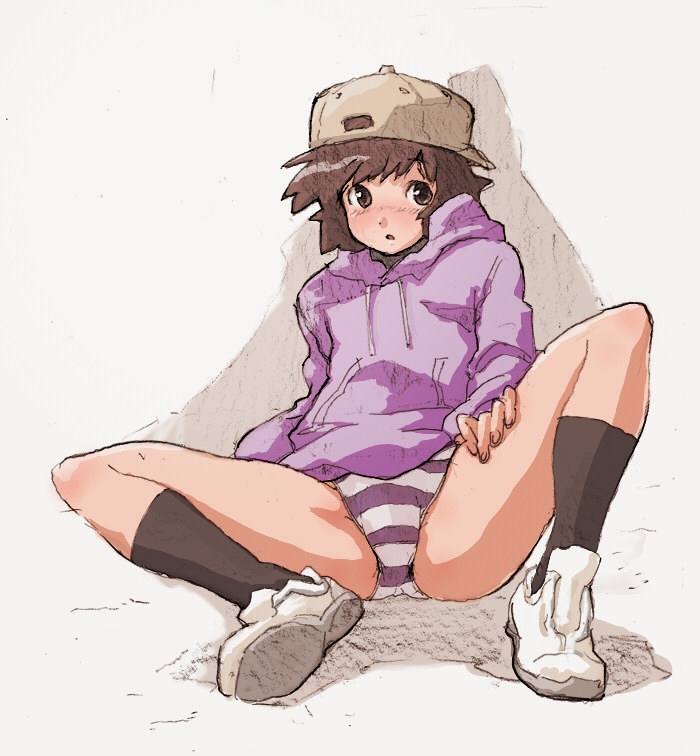 1girl, blush, brown hair, female focus, hat, legs, panties, shoes, sitting, socks, solo, spread legs, striped clothes, striped panties, sweater, underwear