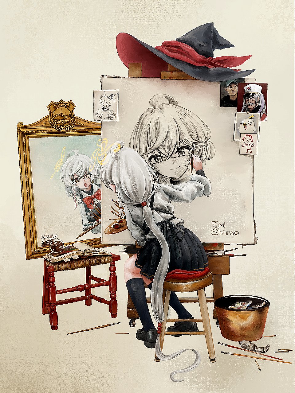 o2otsu, cherino (blue archive), doodle sensei (blue archive), eri (blue archive), kim yong-ha, sensei (blue archive), blue archive, highres, ahoge, apron, book, bow, bowtie, braid, canvas (object), facial hair, glass bottle, halo, hat, long hair, looking at mirror, mirror, orange eyes, paint palette, paint tube, paintbrush, ponytail, portrait (object), reference sheet, shirt, signature, skirt, stool, sweater, trash can, unworn hat, unworn headwear, white hair, witch hat