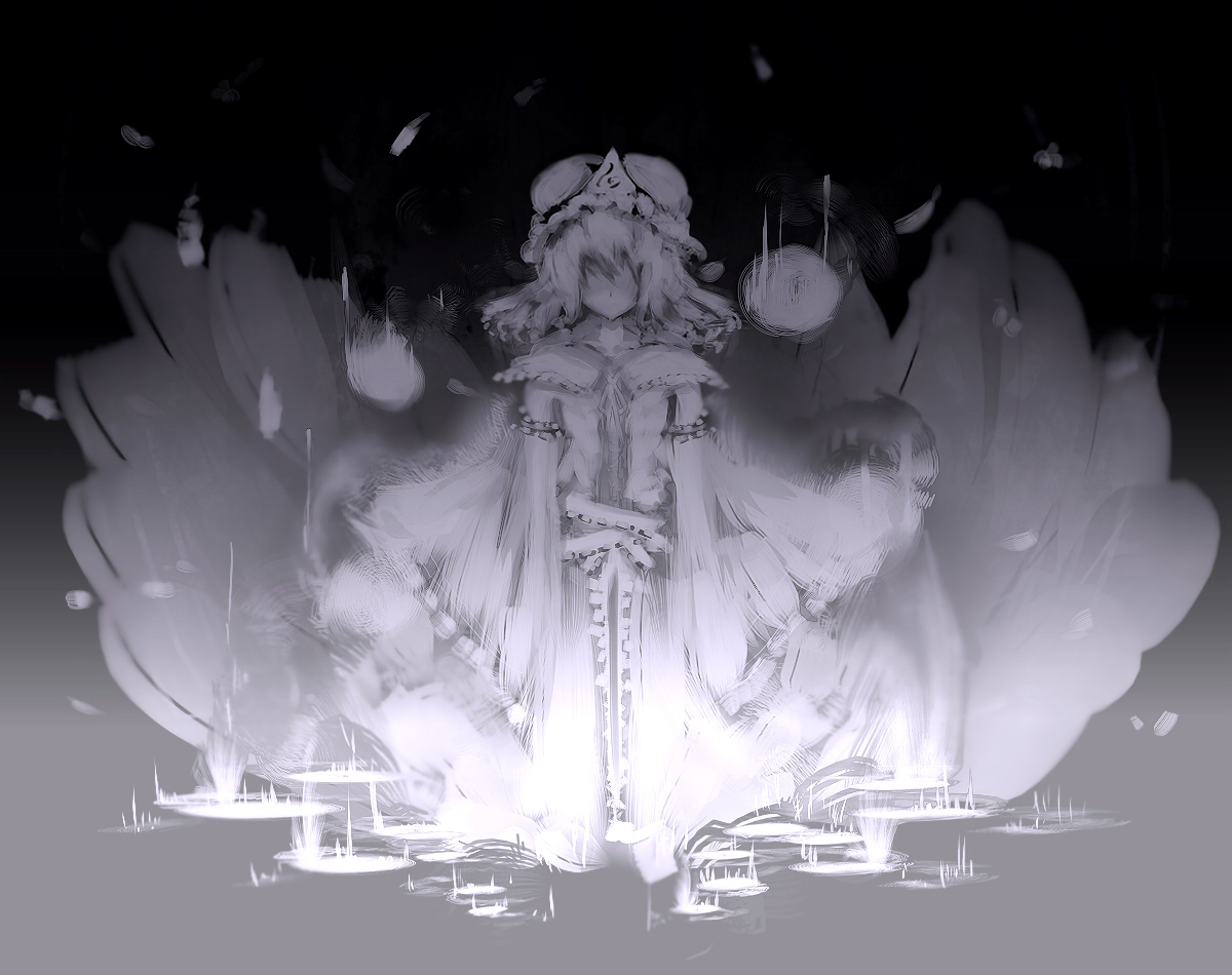 yoshioka yoshiko, saigyouji yuyuko, touhou, 1girl, female focus, monochrome, motion blur, petals, purple theme, solo