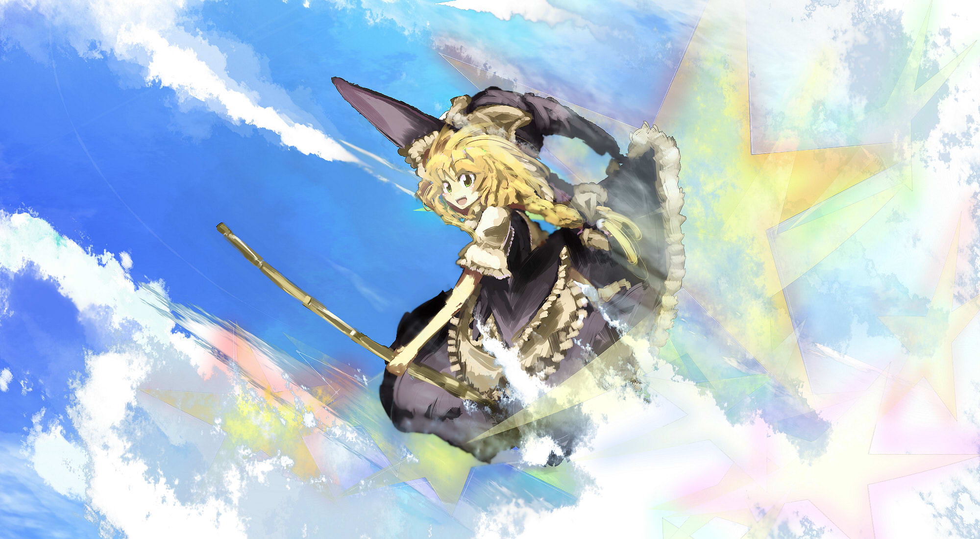 yoshioka yoshiko, kirisame marisa, touhou, highres, 1girl, blonde hair, broom, broom riding, day, female focus, hat, sidesaddle, sky, solo, star (sky), star (symbol), starry sky, witch, witch hat