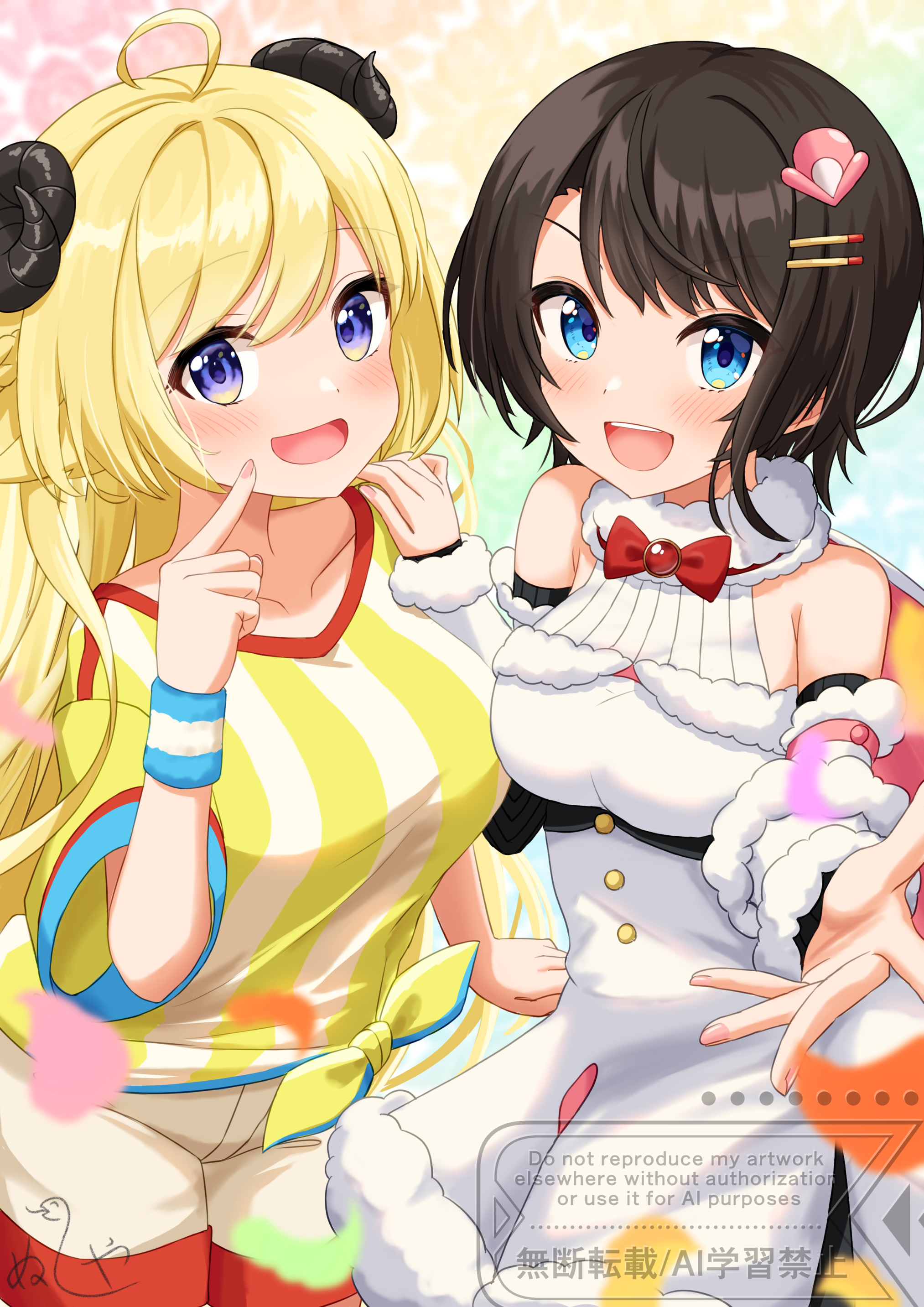 nushiya (ayihsem), oozora subaru, oozora subaru (1st costume), tsunomaki watame, tsunomaki watame (1st costume), hololive, absurdres, highres, 2girls, ahoge, alternate costume, animal ears, blonde hair, blue eyes, blush, brown hair, cosplay, costume switch, dress, fur-trimmed dress, fur trim, hair ornament, hairpin, horns, long hair, multiple girls, oozora subaru (cosplay), open mouth, purple eyes, sheep ears, sheep girl, sheep horns, shirt, short hair, shorts, smile, striped clothes, striped shirt, tsunomaki watame (cosplay), very long hair, virtual youtuber, white dress, white shorts, yellow shirt