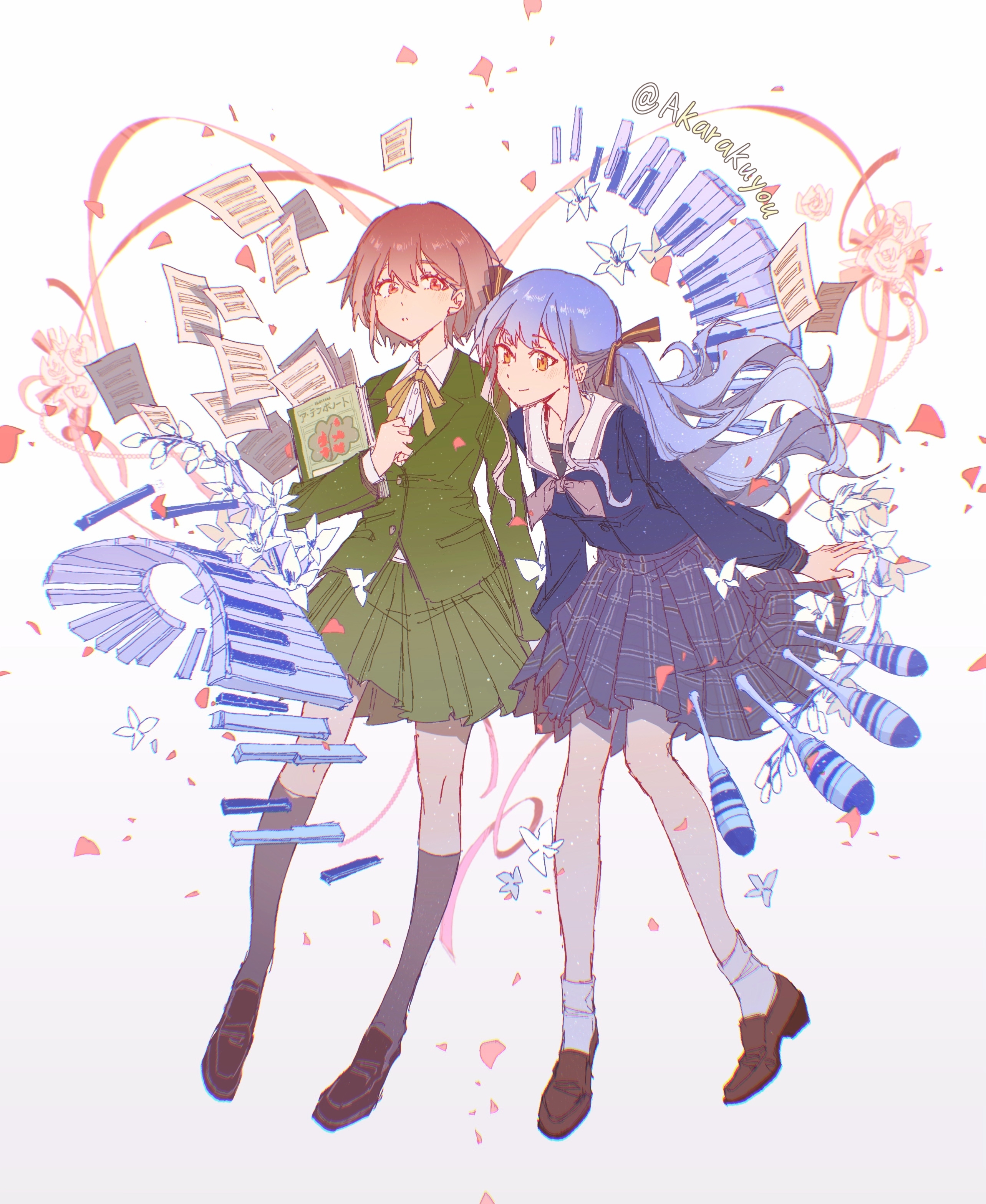 akarakuyou, takamatsu tomori, togawa sakiko, bang dream!, bang dream! it's mygo!!!!!, absurdres, commentary request, highres, 2girls, black ribbon, blue hair, bow, brown eyes, closed mouth, flower, full body, grey hair, hair ribbon, holding, holding notebook, instrument, keyboard (instrument), kneehighs, loafers, long hair, long sleeves, looking at viewer, maracas, multiple girls, notebook, pleated skirt, ribbon, school uniform, sheet music, shoes, short hair, sidelocks, signature, skirt, smile, socks, tsukinomori school uniform, twitter username, yellow eyes