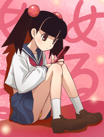haruyama kazunori, otonashi meru, sayonara zetsubou sensei, 00s, 1girl, ass, black hair, cellphone, female focus, full body, panties, pantyshot, phone, red eyes, school uniform, serafuku, shoes, sitting, socks, solo, underwear