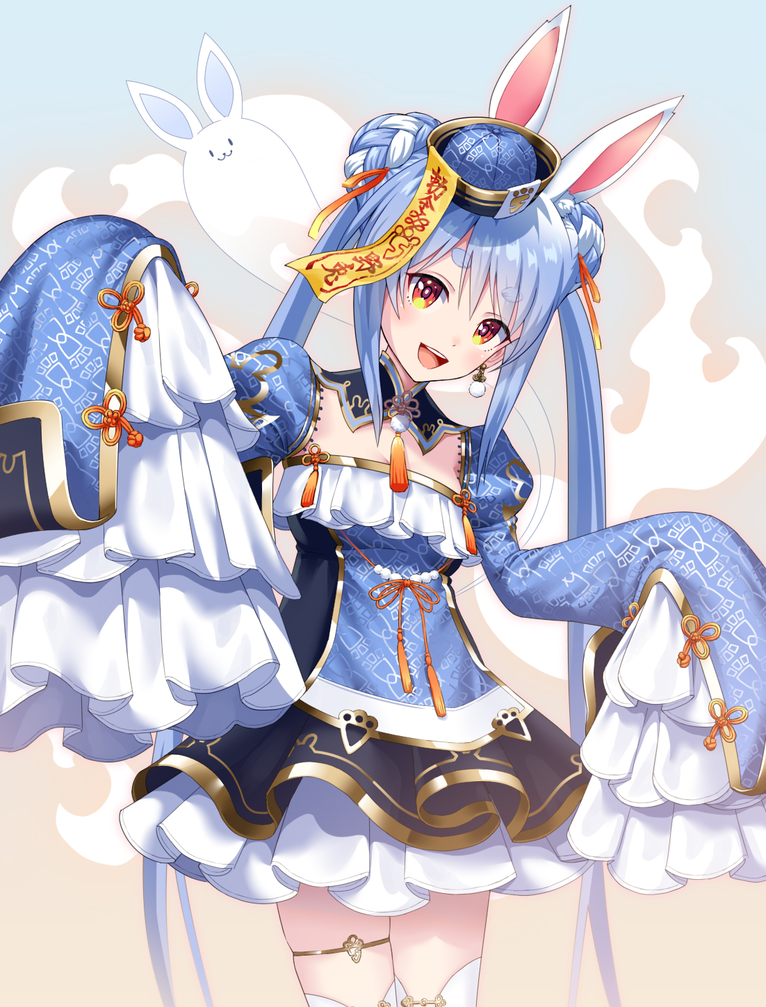 yoshida (penguindynamite), don-chan (usada pekora), usada pekora, hololive, highres, 1girl, animal ears, blue dress, blue hair, blue hat, china dress, chinese clothes, double bun, dress, hair bun, hat, long sleeves, looking at viewer, official alternate costume, orange eyes, rabbit ears, rabbit girl, sleeves past fingers, sleeves past wrists, smile, solo, thigh strap, twintails, usada pekora (jiangshi), virtual youtuber