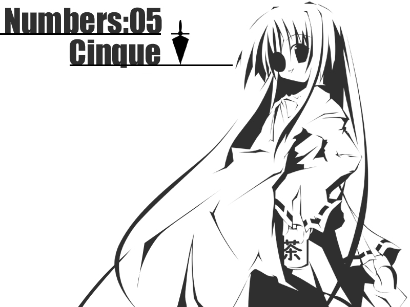 cinque (nanoha), numbers (nanoha), lyrical nanoha, mahou shoujo lyrical nanoha, mahou shoujo lyrical nanoha strikers, 00s, 1girl, cowboy shot, dress, eyepatch, female focus, greyscale, long hair, long sleeves, monochrome, ribbon-trimmed sleeves, ribbon trim, simple background, solo, standing, very long hair, white background