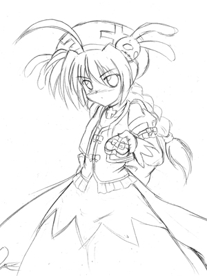 vita (nanoha), lyrical nanoha, mahou shoujo lyrical nanoha, mahou shoujo lyrical nanoha a's, lowres, 00s, greyscale, monochrome, sketch, solo, valentine
