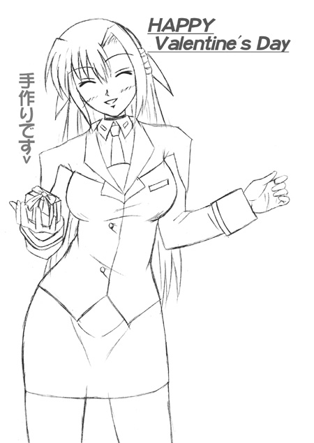 fuuma nagi, ginga nakajima, lyrical nanoha, mahou shoujo lyrical nanoha, mahou shoujo lyrical nanoha strikers, 00s, 1girl, female focus, greyscale, happy valentine, monochrome, solo, valentine