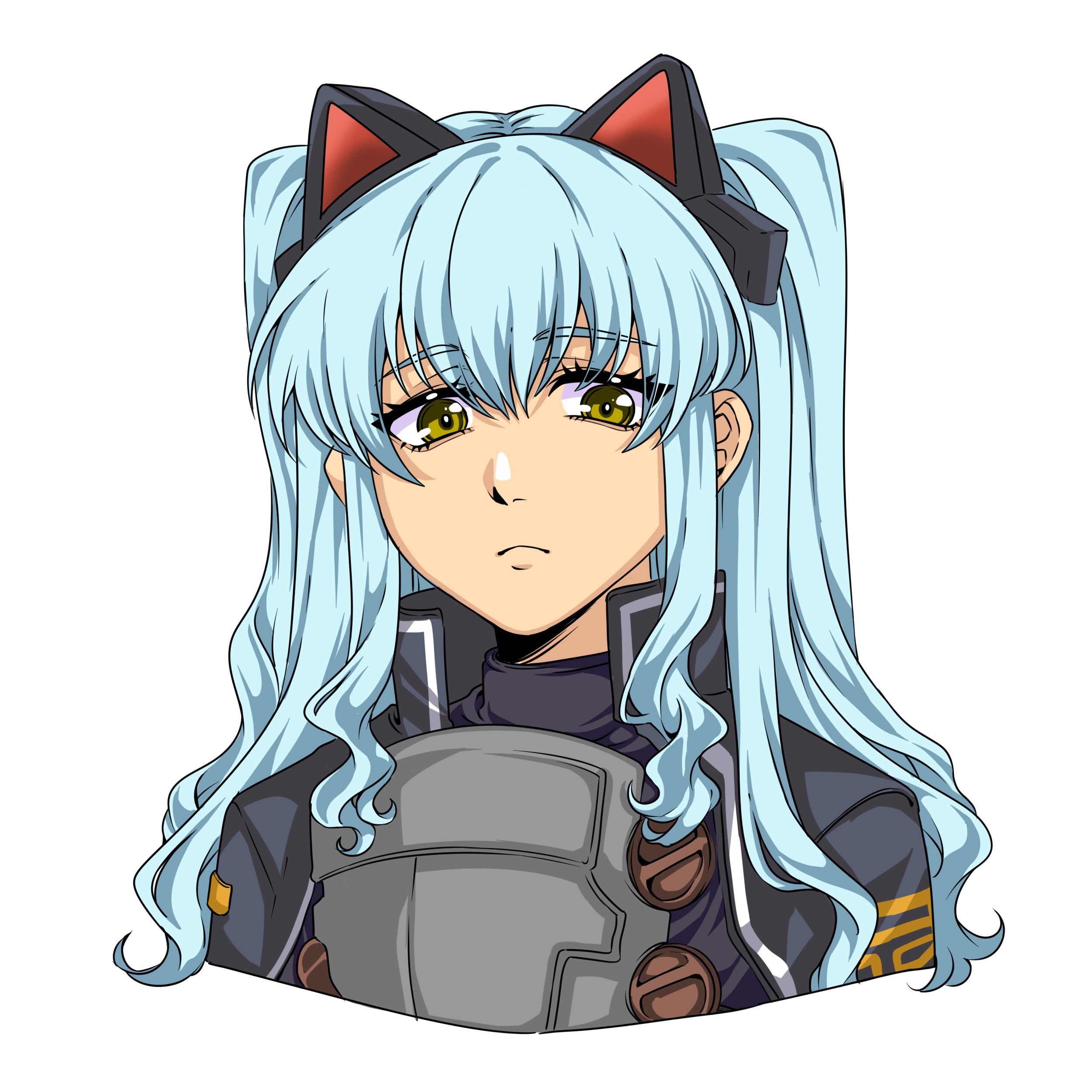 tio plato, ao no kiseki, eiyuu densetsu, zero no kiseki, absurdres, artist request, commentary, english commentary, highres, 1girl, animal ear hairband, animal ears, armor, blue hair, breastplate, cat ear hairband, cat ears, double-parted bangs, fake animal ears, hair between eyes, hairband, long hair, portrait, sidelocks, simple background, solo, twintails, white background, yellow eyes