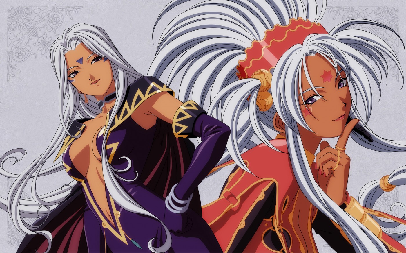 hild, urd (aa megami-sama), aa megami-sama, non-web source, 2girls, age difference, bracelet, breasts, choker, cleavage, dark-skinned female, dark skin, demon girl, dress, earrings, elbow gloves, facial mark, forehead mark, gloves, jewelry, large breasts, long hair, mature female, mother and daughter, multiple girls, purple eyes, ring, sideboob, smile, star (symbol), star facial mark, white hair