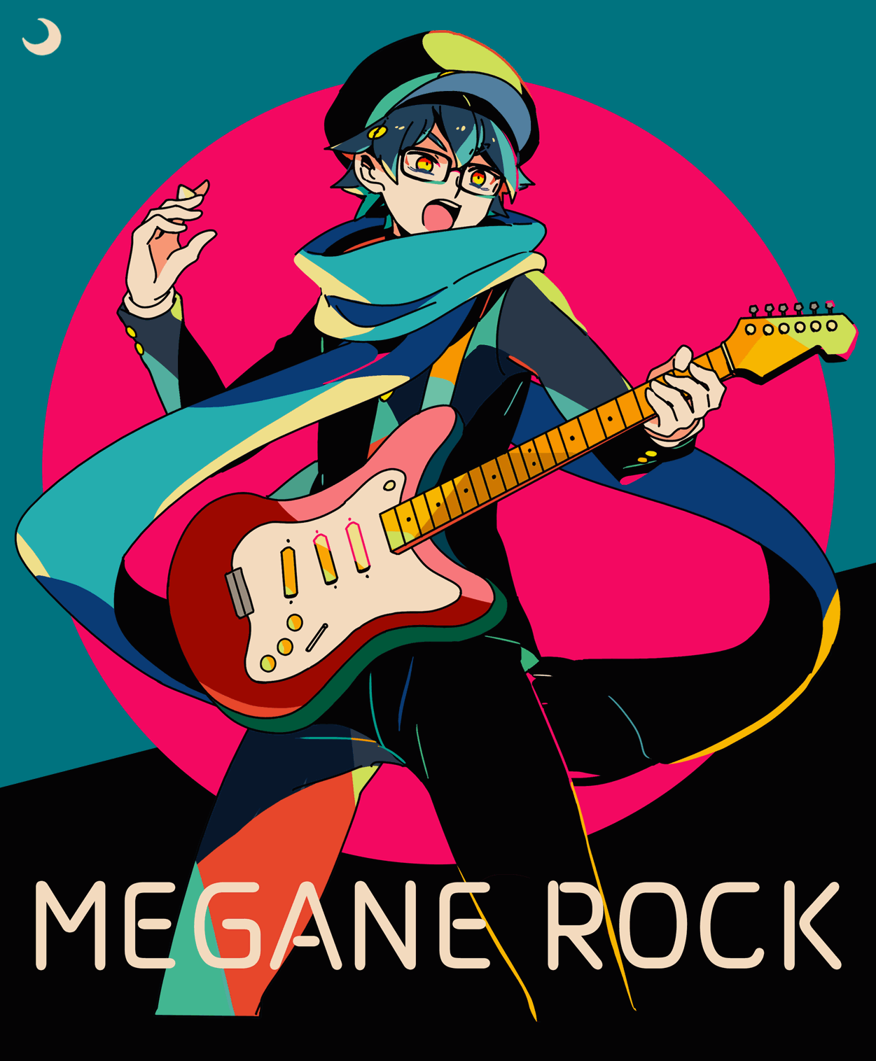 mizuki tsukimori, bemani, pop'n music, highres, 1boy, black pants, blue scarf, glasses, guitar, hat, holding, holding guitar, holding instrument, instrument, long scarf, long sleeves, male focus, music, nakaji (pop'n music), open mouth, orange eyes, pants, peaked cap, playing instrument, rectangular eyewear, scarf, school uniform, short hair, solo, song name