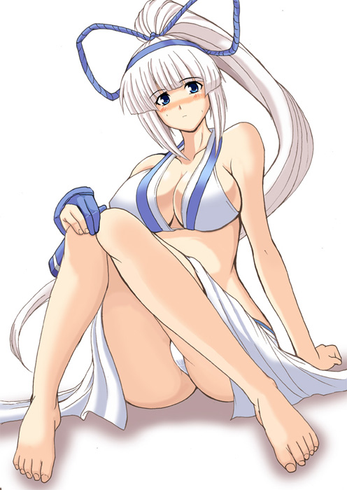 yasakani an, majikina mina, samurai spirits, snk, 1girl, barefoot, blue eyes, blush, breasts, cleavage, dark-skinned female, dark skin, feet, female focus, japanese clothes, large breasts, long hair, panties, pantyshot, solo, underwear, white hair