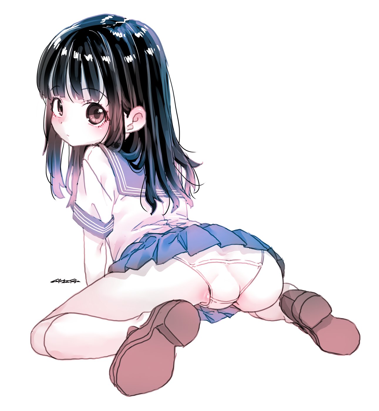 mudou eichi, original, highres, 1girl, black hair, brown eyes, brown shoes, from behind, hands on floor, long hair, looking at viewer, looking back, panties, school, school uniform, serafuku, shoes, solo, underwear, white background