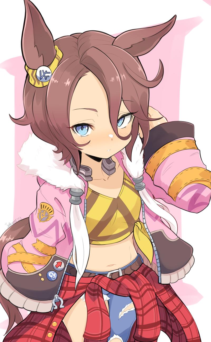 jellcaps, narita taishin (umamusume), umamusume, commentary, english commentary, highres, 1girl, animal ears, belt, blue eyes, blue pants, blush, brown belt, collarbone, hair between eyes, horse ears, horse girl, horse tail, jacket, looking at viewer, midriff, navel, pants, parted lips, pink background, pink jacket, shirt, solo, tail, thighs, torn clothes, torn pants, two-tone background, yellow shirt