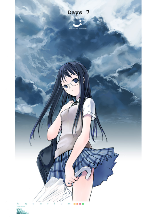 katase yuu, original, 1girl, bag, black hair, blue eyes, closed umbrella, cloud, cloudy sky, female focus, glasses, long hair, looking at viewer, plaid clothes, plaid skirt, pleated skirt, school uniform, serafuku, skirt, sky, solo, sweater, sweater vest, umbrella