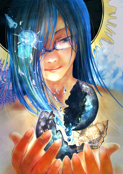 fuzichoco, original, blue eyes, blue hair, fuzi chouko, glasses, hair over one eye, shell, short hair, solo
