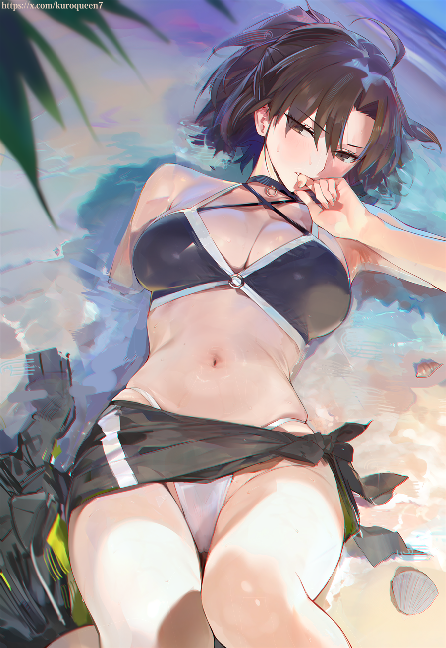 misaka 12003-gou, ryougi shiki, fate/grand order, fate (series), highres, paid reward available, 1girl, ahoge, bare shoulders, bikini, black bikini, black eyes, black hair, blush, breasts, hand up, large breasts, looking at viewer, lying, mismatched bikini, navel, on back, outdoors, parted lips, ryougi shiki (swimsuit mooncancer) (first ascension), seashell, shell, short hair, stomach, swimsuit, twitter username
